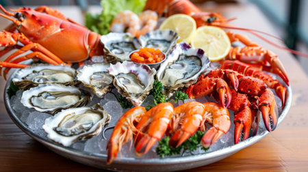 A seafood platter with oysters on the half shell, crab claws, shrimp cocktail, and lobster tail.の素材