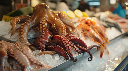 A seafood market display with fresh fish, shrimp, octopus, and squid on ice, ready for sale.の素材