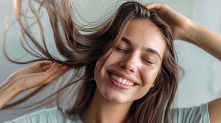 A woman running her fingers through her silky, straight hair, looking relaxed and happy.の素材