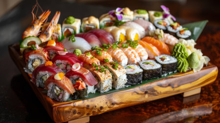 A seafood sushi platter with assorted rolls, nigiri, and sashimi, beautifully arranged on a wooden board.の素材