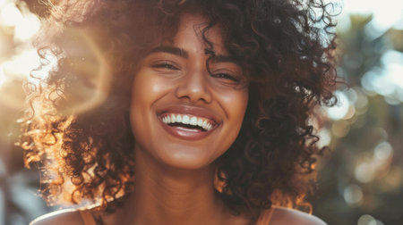 A woman with thick, curly hair smiling happily, her curls perfectly defined.の素材