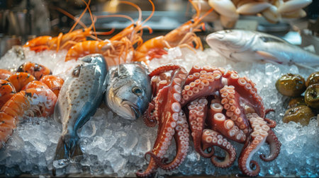 A seafood market display with fresh fish, shrimp, octopus, and squid on ice, ready for sale.の素材
