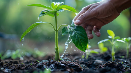 Hands gently watering a newly planted tree sapling in a garden, promoting growth and vitality.の素材
