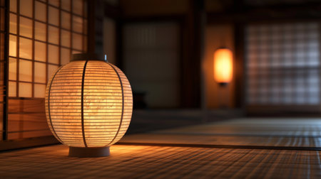 A traditional Japanese paper lantern glowing softly in a tatami room, creating a serene atmosphere.の素材