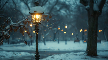A street lamp in a snowy park, casting a soft glow on the snow-covered ground and tree branches.の素材