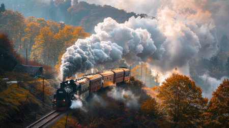 A vintage steam locomotive chugging along a scenic countryside railway, emitting billowing white smoke.の素材