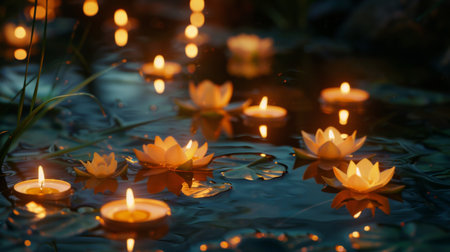 Candles floating in a tranquil pond during a nighttime festival.の素材