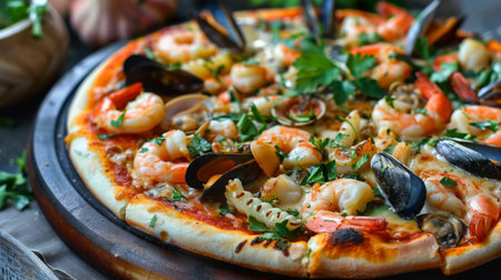 A seafood pizza with shrimp, squid, mussels, and clams, topped with mozzarella cheese and fresh herbs.の素材