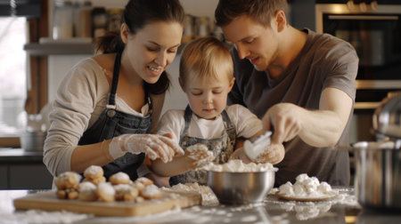Parents and kids baking cookies together in a modern kitchen, with flour and dough on the counter.の素材