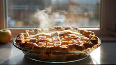 An apple pie cooling on a windowsill, with steam rising from the golden crust and fruity filling.の素材