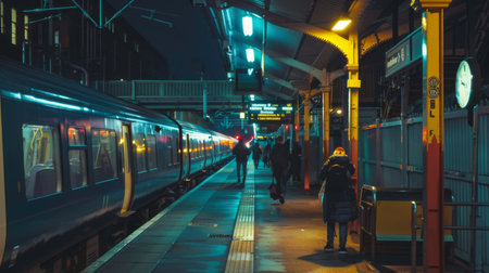 A train station platform at night, illuminated with soft lights as passengers board and disembark trains.の素材