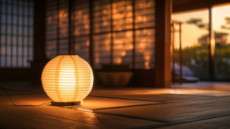 A traditional Japanese paper lantern glowing softly in a tatami room, creating a serene atmosphere.の素材