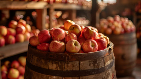 A wooden barrel filled with ripe apples, ready for fermentation to produce apple cider vinegar.の素材