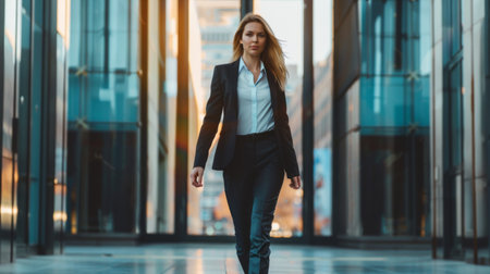 A sophisticated woman in a tailored business suit, confidently walking into a modern office building.の素材