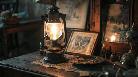 A vintage oil lamp on an antique dresser, with soft light illuminating old photographs and trinkets.の素材
