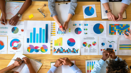 A team in a brainstorming session with business graphs spread out on a table.の素材