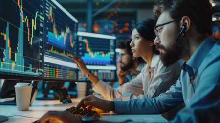 A team of stock traders working together, analyzing real-time stock market graphs.の素材