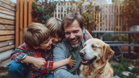 Parents and children playing with a dog in a backyard, smiling and enjoying quality time together.の素材
