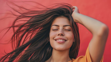 A woman running her fingers through her silky, straight hair, looking relaxed and happy.の素材