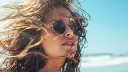 A woman with voluminous, wavy hair enjoying a sunny day at the beach.の素材
