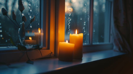 Candles placed on a windowsill, casting a soft light through the glass.の素材