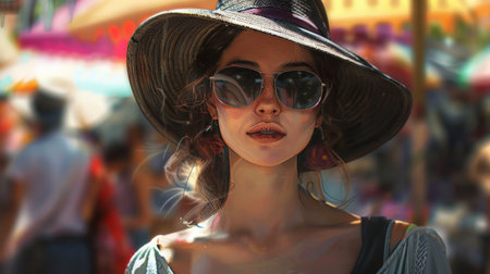 A woman with striking features, wearing a stylish hat and sunglasses, strolling through a city market.の素材