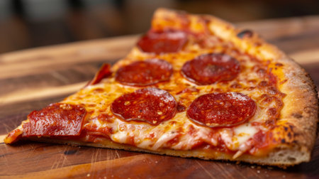 A slice of New York-style pizza with gooey cheese, pepperoni, and a crispy thin crust on a wooden board.の素材