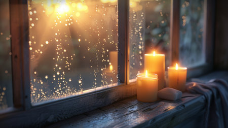 Candles placed on a windowsill, casting a soft light through the glass.の素材