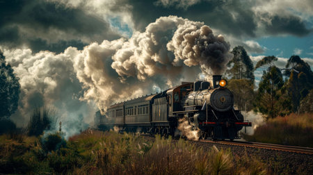 A vintage steam locomotive chugging along a scenic countryside railway, emitting billowing white smoke.の素材