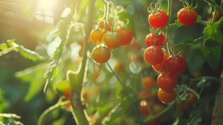 Fresh cherry tomatoes on a vine, hanging in a greenhouse with soft natural light.の素材