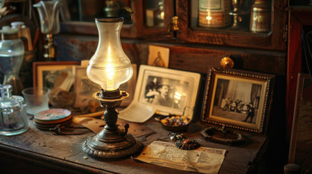 A vintage oil lamp on an antique dresser, with soft light illuminating old photographs and trinkets.の素材