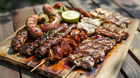 A wooden platter with assorted grilled meats including steak, sausages, and chicken skewers.の素材