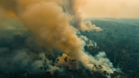 Thick billowing smoke rising from a burning wildfire in a dense forest, under a hazy sky.の素材