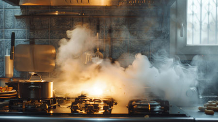 Thick smoke filling the air in a kitchen, caused by food burning on a stovetop.の素材