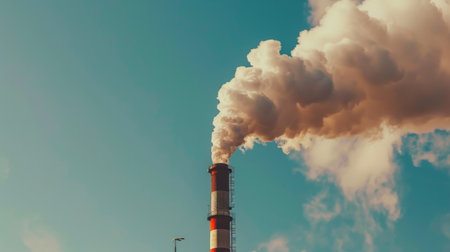 Smoke rising from a factory chimney against a blue sky, illustrating industrial pollution.の素材
