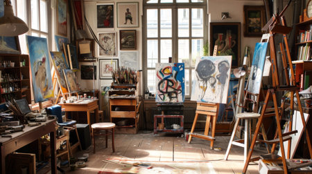 Artist's studio living room with easels, paint palettes, and creative chaos.の素材