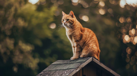Cat sitting majestically on top of a cat house, surveying its kingdom.の素材