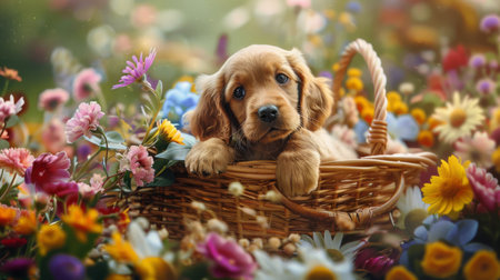 Adorable puppy sitting in a basket surrounded by flowers, perfect for a heartwarming scene.の素材
