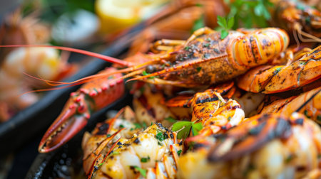 Close-up of a seafood platter with grilled prawns, lobster tail, and crab legs, garnished with herbs.の素材