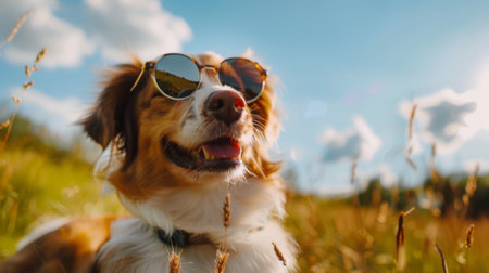 Adorable dog wearing sunglasses, enjoying a sunny day outdoors with a cool and relaxed vibe.の素材