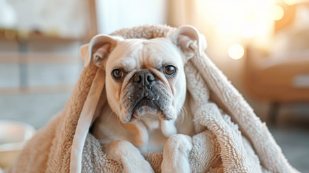 Adorable dog wrapped in a towel after a bath, looking fresh and clean.の素材