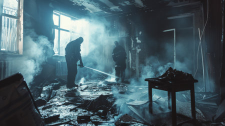 Arson investigation scene with detectives examining burnt evidence amid smoke.の素材