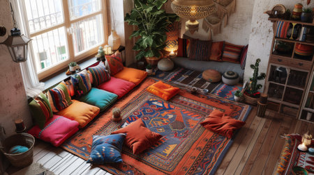 Bohemian-style living room with eclectic decor, featuring colorful rugs and cushions.の素材