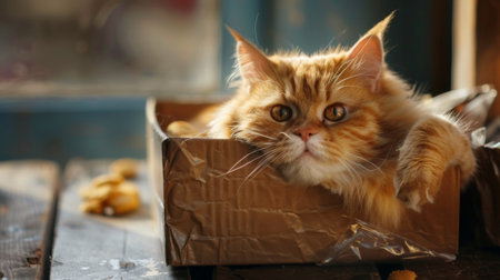 Adorable fat cat trying to squeeze into a box of catnip-flavored snacks.の素材