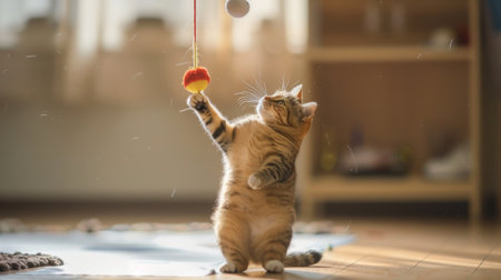 Chubby cat playfully batting at a dangling toy while waiting for dinner time.の素材