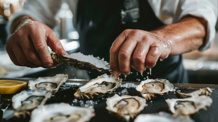 Chef's hands shucking fresh oysters, showcasing the process of preparing raw seafood delicacies.の素材