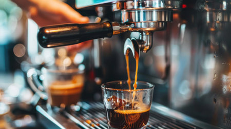 Barista hands pouring freshly brewed coffee into a cup, with a coffee machine in the background.の素材