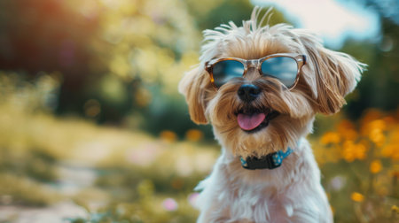 Adorable dog wearing sunglasses, enjoying a sunny day outdoors with a cool and relaxed vibe.の素材