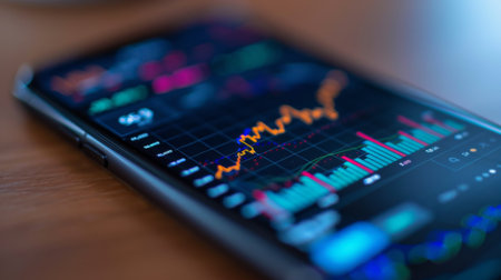 Close-up of a smartphone screen displaying a stock trading app with live market graphs.の素材