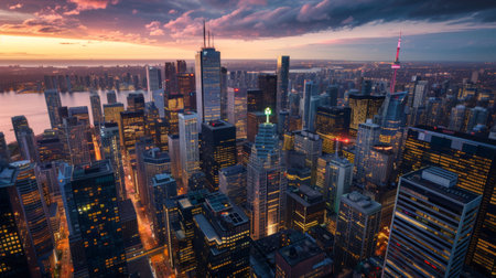 Aerial view of a modern city skyline at sunset, showcasing iconic landmarks and busy streets.の素材